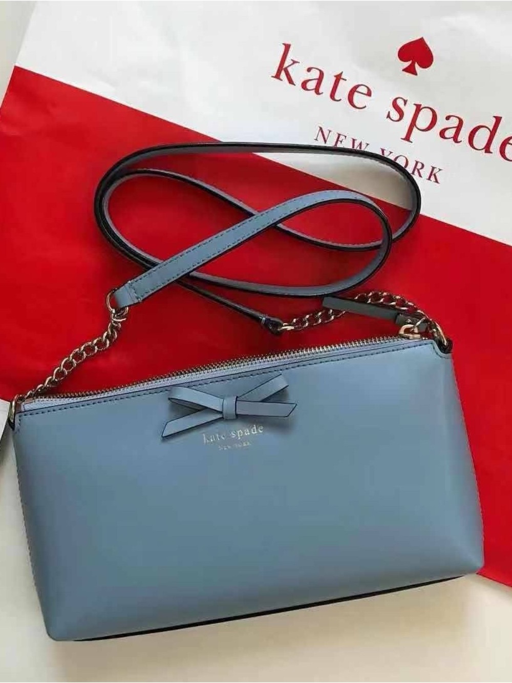 kate spade Light Blue Bow Leather Crossbody with Gold Chain